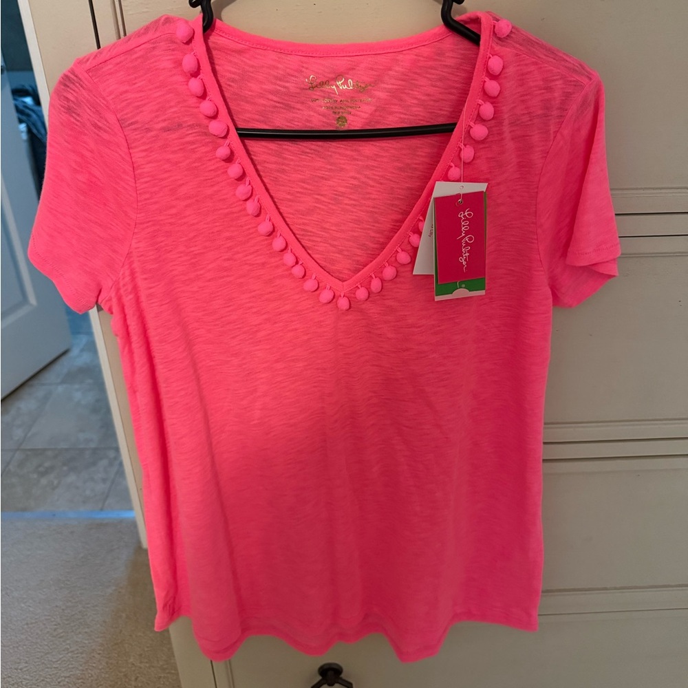 Lilly Pulitzer Pink Short Sleeve T-Shirt with Pom-Pom Trim